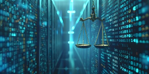 Legal concept of justice on digital scales in modern data center. Concept Legal System, Justice, Digital Scales, Data Center, Modern Technology - obrazy, fototapety, plakaty