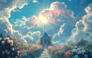 An illustration of a heavenly landscape with a church, pathway, and divine nature. It portrays the concept of paradise and faith, suitable for religious events and holidays. - obrazy, fototapety, plakaty