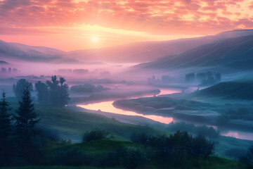 Dawn Breaking Over Serene Valley - A Captivating Dance Between Light And Serenity