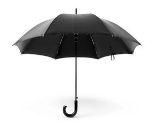 Isolated Umbrella for Rain Protection on White Background. Open Black Parasol with Handle as Weather Accessory