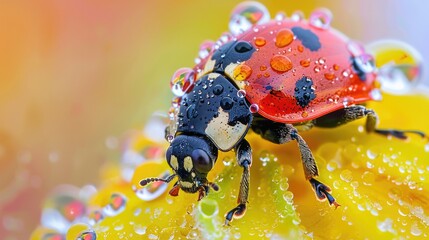 Ladybird covered in Crystal Clear Dew Drops on a Bright Morning - Beauty of Nature and Conservation