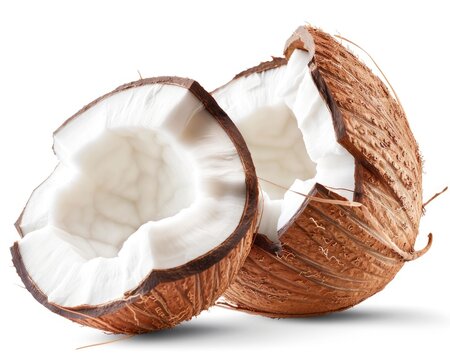 Isolated Half Coconut on White Background - Tropical Food and Coco Shell Nut Fruit Illustration