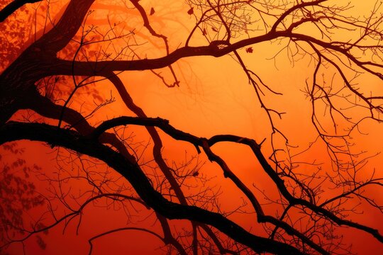 Nature's Autumn Orange Mist: Silhouetted Tree Branch in Evening Light