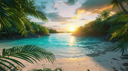 Fototapeta na wymiar Serene Tropical Beach at Golden Hour: Crystal-Clear Turquoise Waters and Soft, Pristine White Sands, Framed by Lush Green Palm Trees with a Breathtaking Sunset in the Background, Postcards.