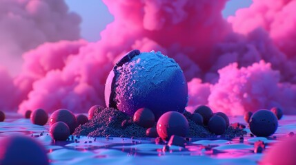 a bunch of balls sitting on top of a pile of sand in the middle of a blue and pink sky. - obrazy, fototapety, plakaty