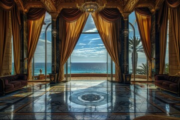 Obraz na płótnie Canvas Arabian Palace Sea View, Grand Hamam, Hotel, Luxurious Oriental Interiors Arab Palace, Copy Space