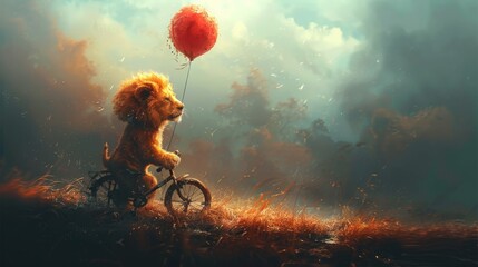  a painting of a lion riding a bike with a red balloon attached to the back of it's head.