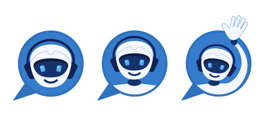Set of robot chatbot icons. Cute smiling robot greets with raised hand. Icons for avatars of chat bots, robots with artificial intelligence. Vector illustration in blue color.