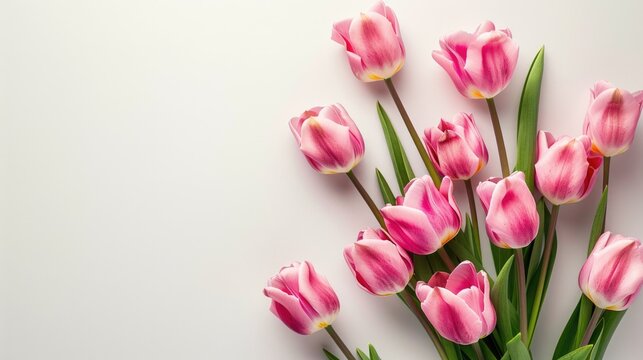 Lovely Pastel Pink Tulips Bunch. Floral Border on Light Background, Top View. Ideal Layout for Springtime Holidays and Mother's Day Greeting Card