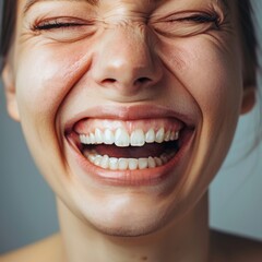 Fototapeta premium Close-Up of Joyful Woman Laughing Heartily - A close-up portrait of a joyful woman laughing heartily, showing off a beautiful, spontaneous smile and crinkled eyes.