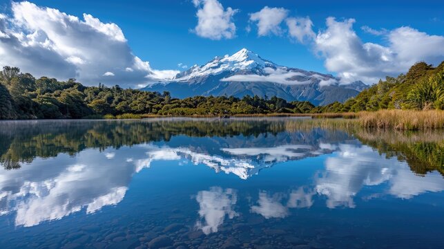 Serene Mirror Lake nestled in the scenic Mount Taranaki terrain - A breathtaking landscape photography of nature's beauty