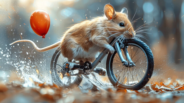  a painting of a rat riding a bike with a balloon attached to it's front wheel, in the middle of a puddle of water.