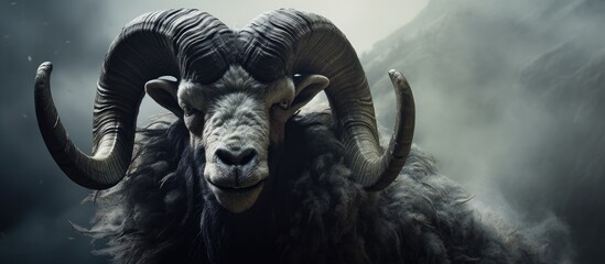 A close up of a rams jaw and horns in the dark showcases the symmetry of this terrestrial animal. The monochrome art captures the mysterious essence of this fictional and supernatural creature