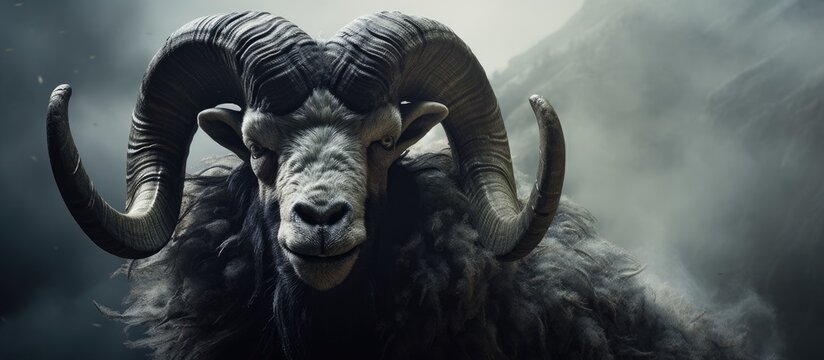 A close up of a rams jaw and horns in the dark showcases the symmetry of this terrestrial animal. The monochrome art captures the mysterious essence of this fictional and supernatural creature - Powered by Adobe