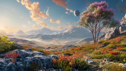 Fantasy landscape with flowering trees and moons - A captivating fantasy landscape featuring vibrant flowering trees, lush greenery, and celestial moons symbolizing hope and wonder