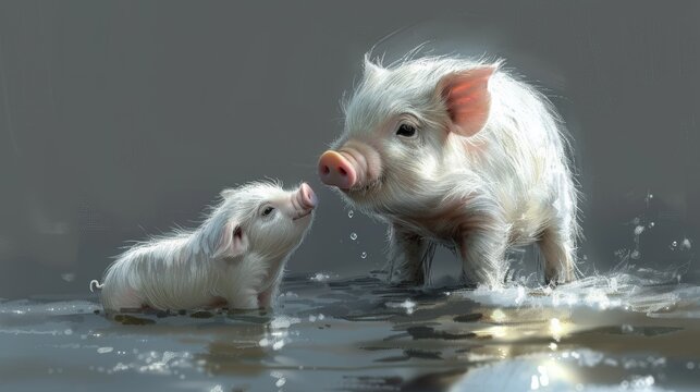  a painting of a pig and a pigling in a body of water with their noses touching each other's noses.