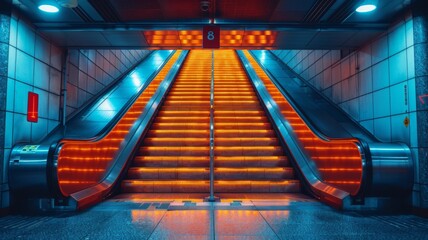 Glowing escalator leading to a vibrant platform - An empty escalator bathed in warm, orange light, leading up to a metro station platform marked by a glowing number 8