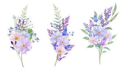 Beautiful botanical bouquet illustration set.  Blue and purple colored flowers on white background. Flower, branch and leaf vector illustration