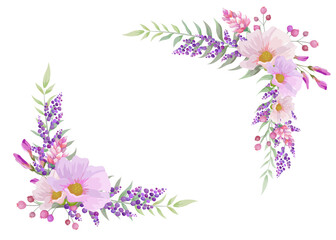 Beautiful border of spring and summer flowers.  Vector illustration of pink and purple colored frame.