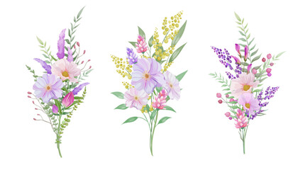 Beautiful botanical bouquet illustration set.  Pink and purple colored flowers on white background. Flower, branch and leaf vector illustration