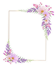 Fototapeta na wymiar Botanical rectangle frame and border of spring flower and leaf. Pink and purple wild flowers vector illustration.