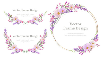 Botanical frame and  border set of spring flower and leaf. Pink and purple wild flowers vector illustration. round and circle