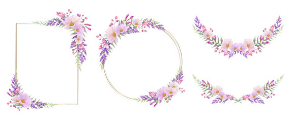 Botanical frame, border and laurel set. Pink and purple wild flower on white background.  Gold line circle, square , oval and rectangle with plant wreath. Vector illustration.