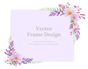 Botanical rectangle frame and border of spring flower and leaf. Pink and purple wild flowers vector illustration.