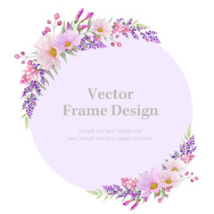 Botanical round and circle frame and  border of spring flower and leaf. Pink and purple wild flowers vector illustration.