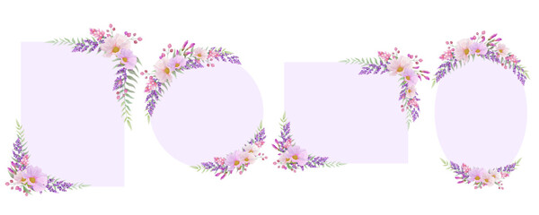 Botanical frame. and border and set. Pink and purple wild flower on white background. Circle, oval and rectangle with plant wreath. Vector illustration.
