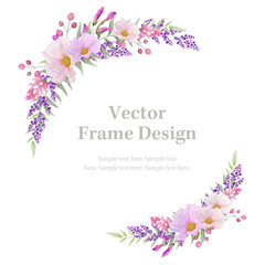 Botanical round and circle frame and  border of spring flower and leaf. Pink and purple wild flowers vector illustration.