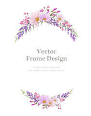 Botanical oval frame and  border of spring flower and leaf. Pink and purple wild flowers vector illustration.