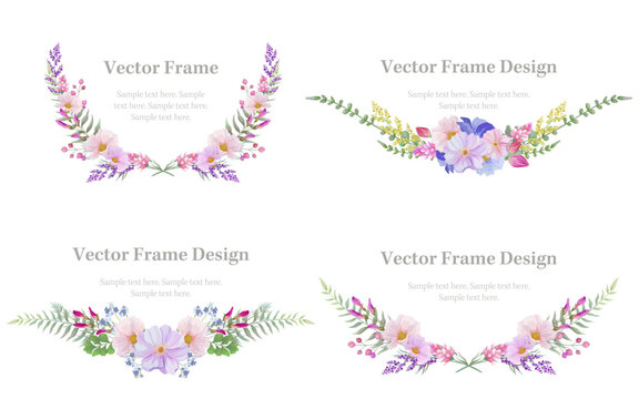 Botanical frame and laurel wreath border set of spring flower and leaf. Pink and purple wild flowers vector illustration.