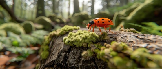 a close up of a toy ladybug on a log in the middle of a forest filled with green plants.