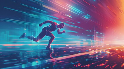 Running athlete in sportswear against a background of luminous speed lines. Energetic young athlete or marathon runner. Sport. Illustration for cover, card, interior design, brochure, etc. - obrazy, fototapety, plakaty