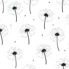 Flying dandelion seamless pattern in black and white
