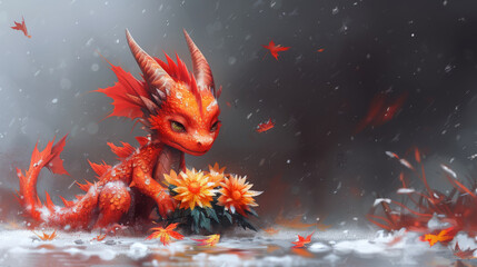  a painting of a red dragon sitting on top of a body of water next to a bunch of orange flowers.