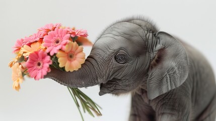  an elephant holding a bunch of flowers in it's trunk with it's trunk in it's mouth.