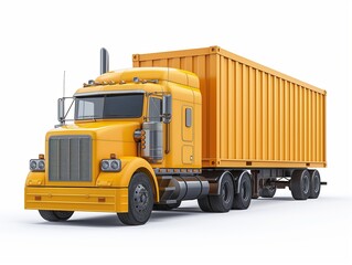 American yellow cargo truck with container on white background