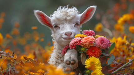  a close up of a sheep in a field of flowers with flowers in the foreground and a blurry background.