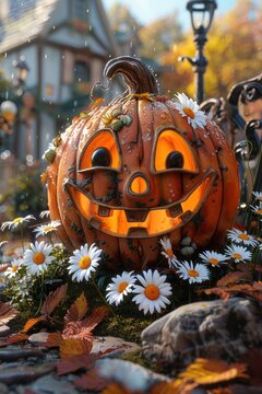 A Halloween pumpkin is shown with a smiling face and eyes. It is surrounded by flowers and rocks, and there is a house in the background.