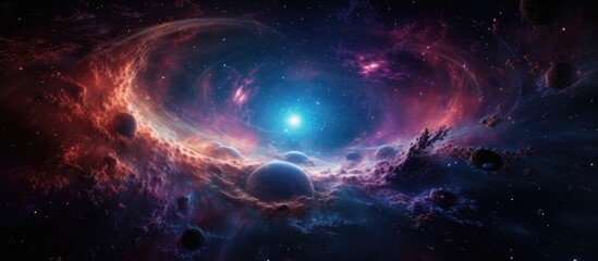 The swirling mass of stars and planets resembling a galaxy is like a celestial artwork in the vast expanse of space, with hues of violet and cosmic wonders - obrazy, fototapety, plakaty
