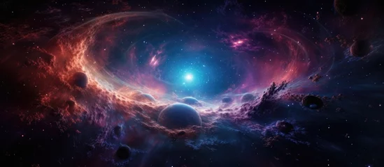 Gordijnen The swirling mass of stars and planets resembling a galaxy is like a celestial artwork in the vast expanse of space, with hues of violet and cosmic wonders © 2rogan