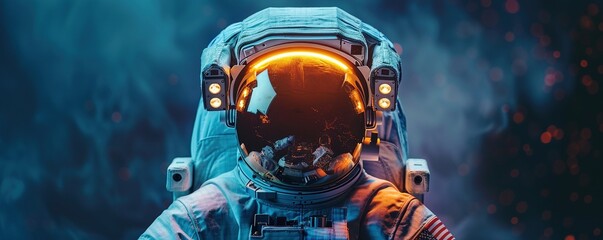 unrecognizable astronaut in protective Extravehicular Mobility Unit with backpack and reflecting helmet - obrazy, fototapety, plakaty