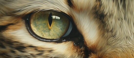 A detailed close up of a Felidaes green iris, surrounded by whiskers and eyelashes. The carnivores eye reflects an artistic view of a terrestrial animals predatory nature - obrazy, fototapety, plakaty