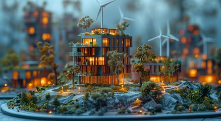 City model featuring wind turbines, trees, and sustainable urban design