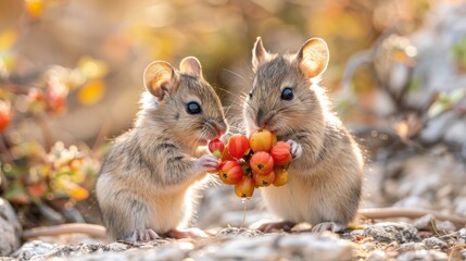  a couple of small mice standing next to each other on top of a field of grass and rocks with a bunch of fruit in front of them.