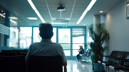 Naklejka premium Man Seated in Spacious Hospital Lobby