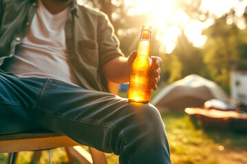 A young man sits alone on a summer street, holding a bottle of beer in his hand. Concept of sadness and loneliness with the unhealthy habit of alcohol consumption.
