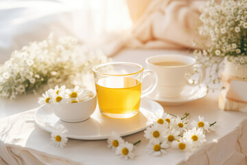 Obraz na płótnie Canvas A warm cup of chamomile tea offers relaxation and comfort on a summer morning, its floral aroma and delicate flavor soothing the senses and promoting well-being.